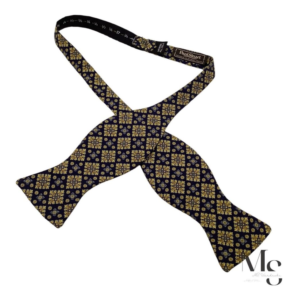 PAUL STUART Navy & Gold Floral Adjustable Self Bow Tie Silk H.S USA W:3" EX COND